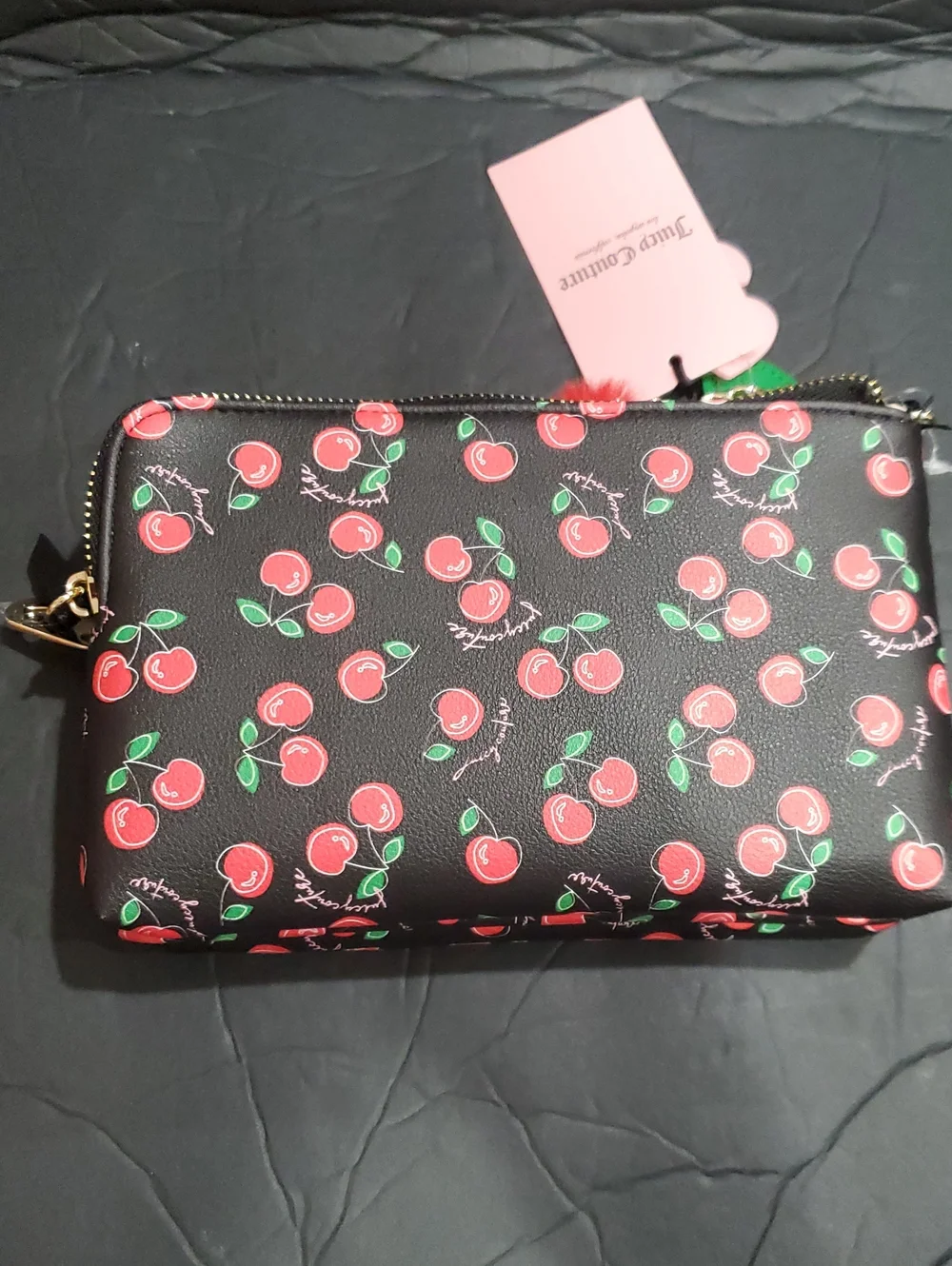 Juicy  Couture cherry girl black and red cherry print double zip wallet clutch